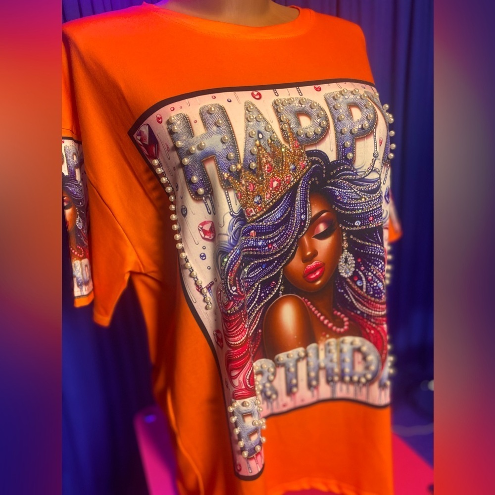 SHIRT: Orange Diva "Happy Birthday" Tee w/Vibrant Pearls & Rhinestones, NWT - Picture 5 of 17